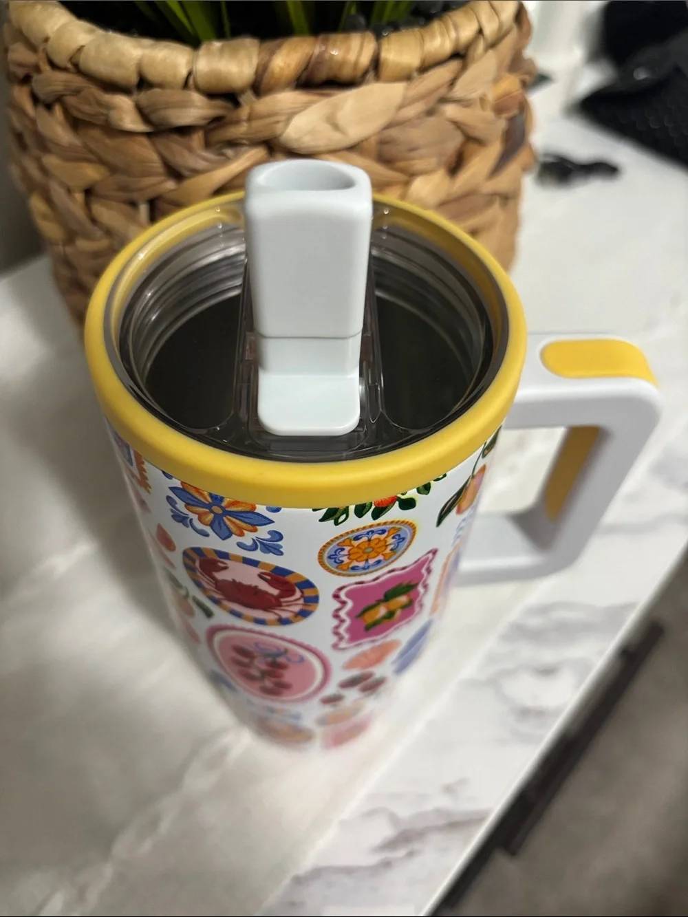 Colorful Fruit & Floral Insulated Travel Mug with Yellow Lid